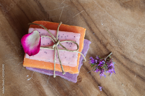 Various natural soaps on wood