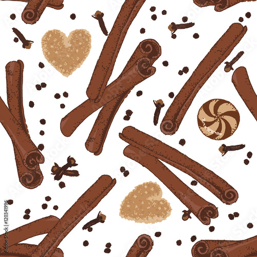 Spices for winter hot drinks on white background