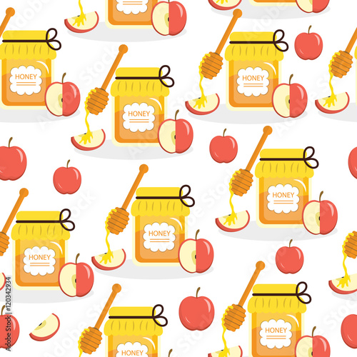 Honey and apples seamless texture on the Jewish New Year Rosh Hashanah. Vector illustration