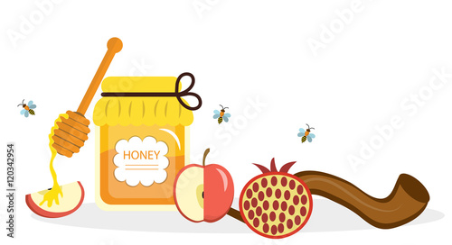 Greeting card for the Jewish New Year Rosh Hashanah, Shana Tova. Rosh Hashanah greeting card. Honey and apples, pomegranates, shofar. Vector illustration