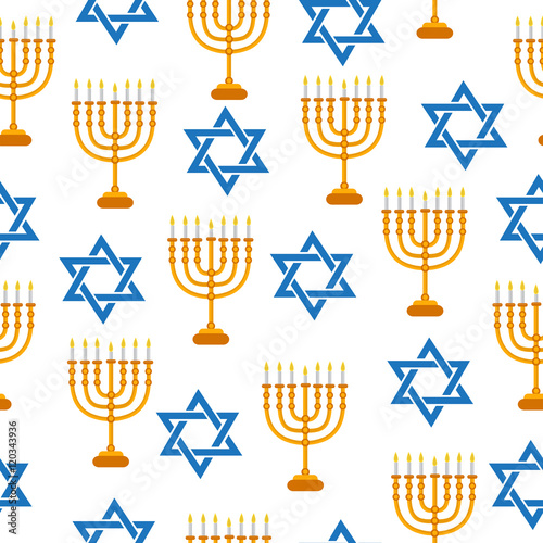 Menorah and Star of David seamless texture. Menorah and Star of David background, wallpaper, fabric. Vector illustration.