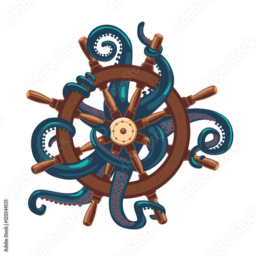 Octopus holding a helm. Tattoo style illustration