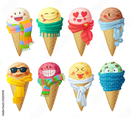 Set of cartoon vector icons isolated on white background. Ice cream scoops characters. Funny faces with scarf, smiling