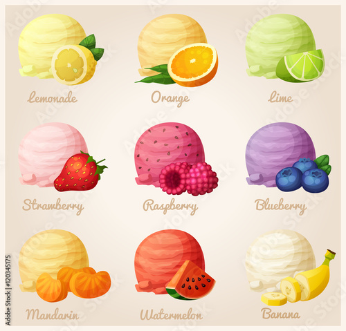 Set of cartoon vector icons. Ice cream scoops with different fruit flavors. Lemon, orange, lime, strawberry, raspberry, blueberry, mandarine, watermelon, banana