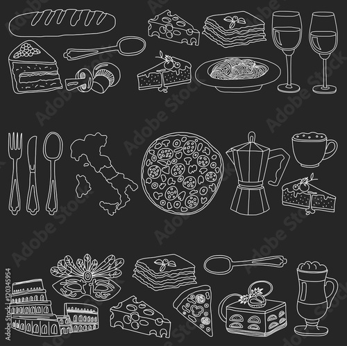 Vector doodle set for italian menu. Food Travel Cuisine Restaraunt Journey