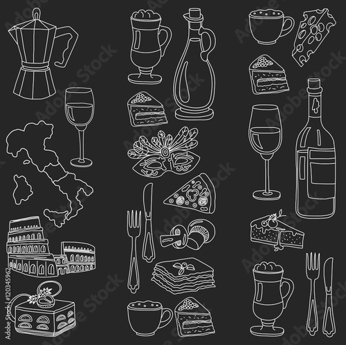 Vector doodle set for italian menu. Food Travel Cuisine Restaraunt Journey