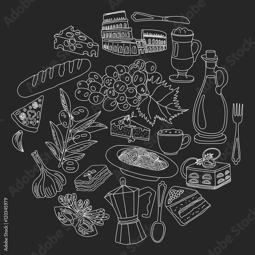 Vector doodle set for italian menu. Food Travel Cuisine Restaraunt Journey