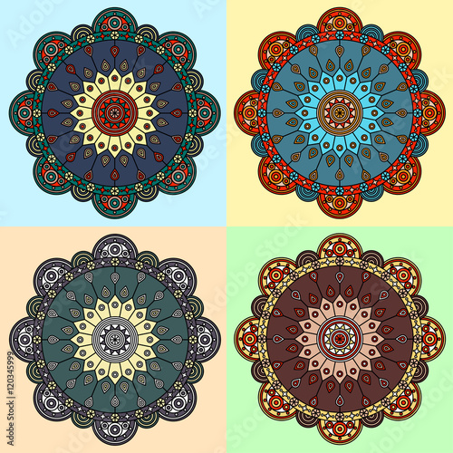 Set of four color versions of boho mandala ornaments. 