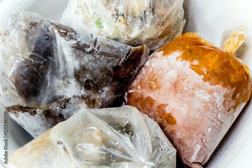 Frozen food in packaging plastic bags
