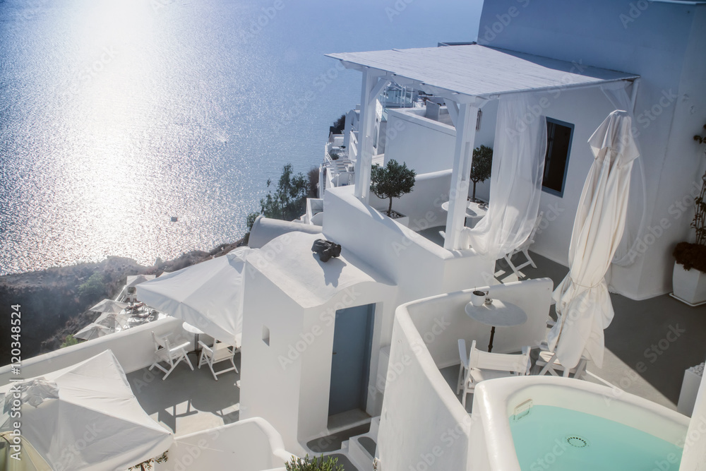 white houses with beautiful street view in Greece, Santorini, Sunny day