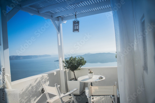 white houses with beautiful street view in Greece  Santorini  Sunny day