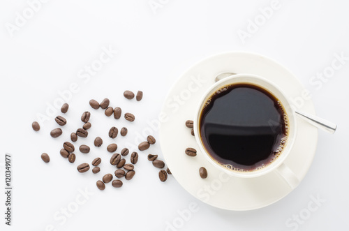 Coffee cup and beans coffee on a white background.