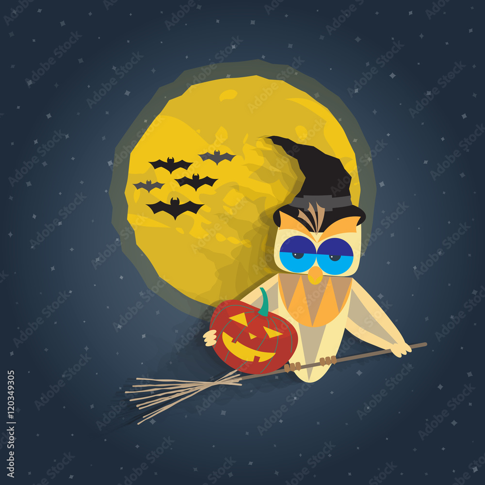 Halloween illustration with owl in black hat on a witches broom.
In the background bats against the huge moon and starry sky