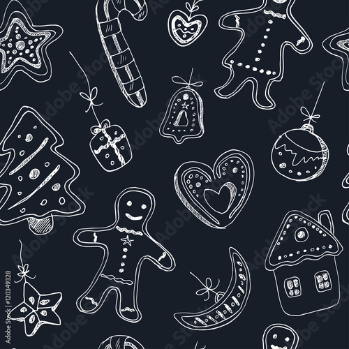 Doodle Christmas cookies seamless pattern. Vintage illustration for identity, design, decoration, packages product and interior decorating