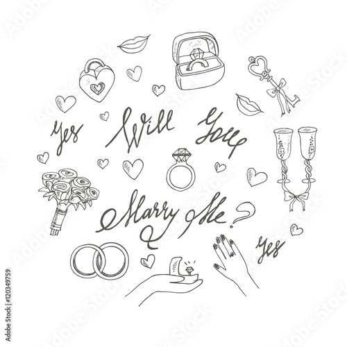 vector wedding set Marry me ring, flowers, cake