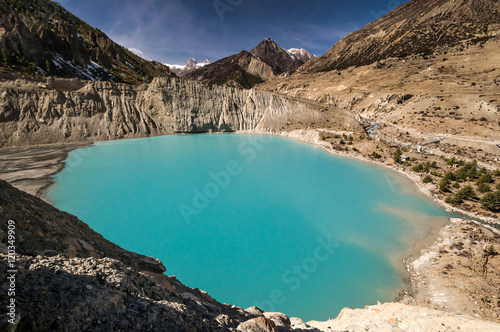 Beautiful glacier lake in Annapurna region. View on Annapurna mountain, massif in the Himalayas in north-central Nepal,