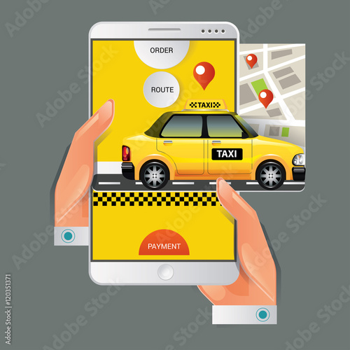 Taxi on line. Taxi sign. Taxi service on smart phone. Mobile app for booking taxi. Vector illustration. Call taxi with smart phone.