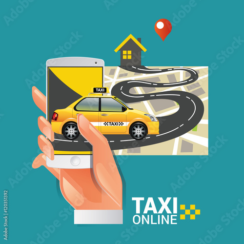 Taxi on line. Taxi sign. Taxi service on smart phone. Mobile app for booking taxi. Vector illustration. Call taxi with smart phone.