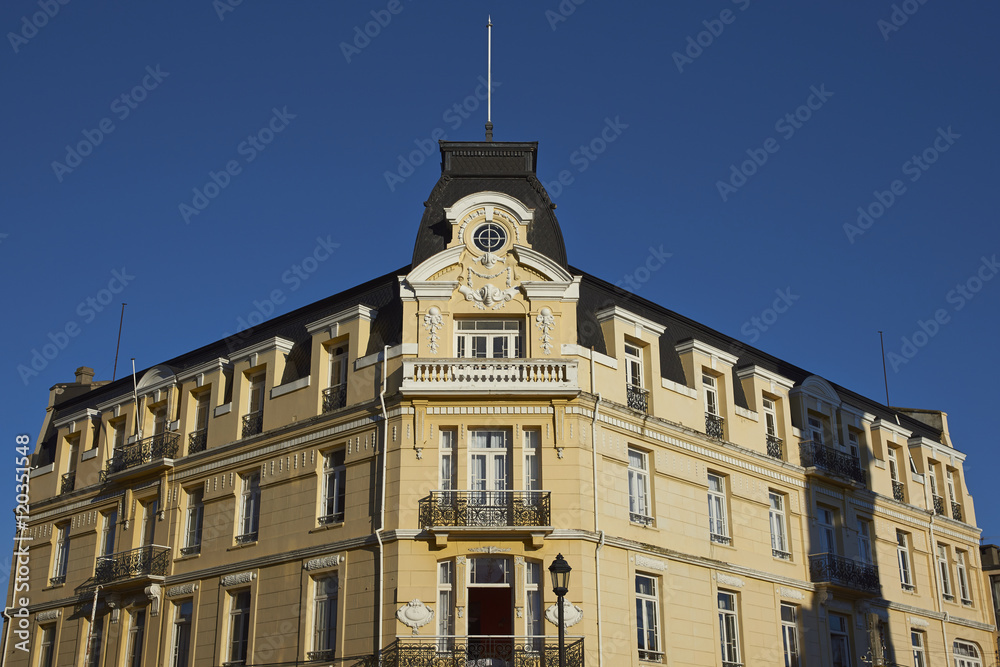 Historic colonial style building in the main square of Punta Arenas in the Magallanes region of Chile. Built circa 1923-29. Historic colonial style building in the main square of Punta Arenas in the Magallanes region of Chile. Built circa 1923-29.