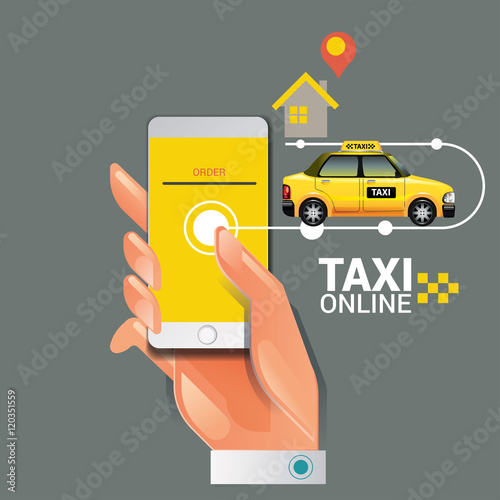 Taxi on line. Taxi sign. Taxi service on smart phone. Mobile app for booking taxi. Vector illustration. Call taxi with smart phone.