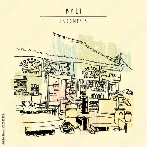 A local store in Kedonganan, Jimbaran beach, Bali, Indonesia, Asia. Beach view. Hand drawing. Travel sketch. Book illustration, postcard or poster photo