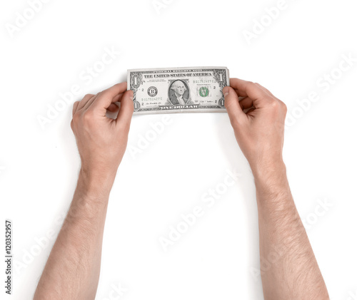 Close up view of a man's hands holding one dollar bills isolated on white background