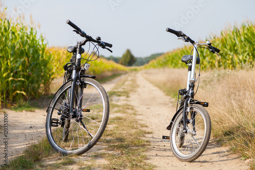 Fototapeta Naklejka Na Ścianę i Meble -  Zwei Fahrräder an einem Maisfeld