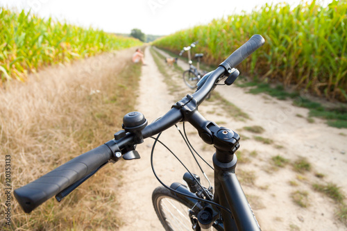 Fahrradlenker an einem Maisfeld