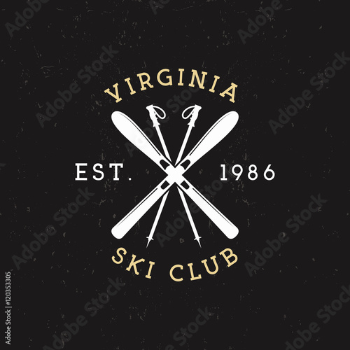 Winter Sports, Ski Club Label. Vintage Mountain winter camp explorer badge. Outdoor adventure logo design. Travel hand drawn and hipster insignia. Snowboard icon symbol. Wilderness. Vector design