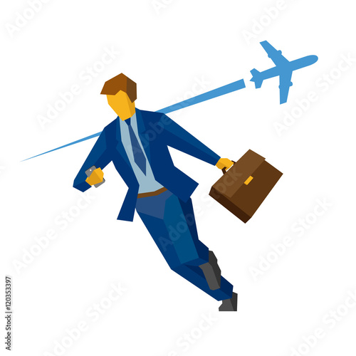 Businessman rushing. With flying airplane on background.
