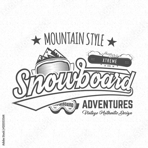 Winter snowboard sports label, t-shirt. Vintage mountain style shirt design. Outdoor adventure typography and snowboarding graphic tee. Hipster monochrome insignia. Vector clothing apparel