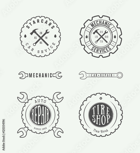 Vintage mechanic label, emblem and logo. Vector illustration. 