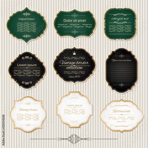 Vintage golden frames and labels set.