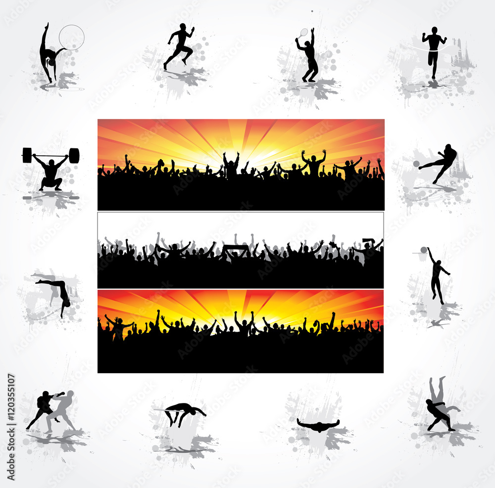 Silhouettes of athletes and posters of happy fans