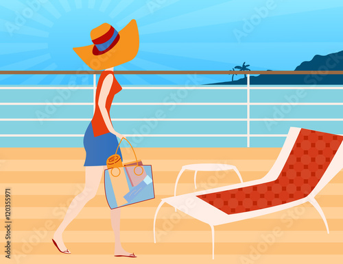 Cruise Ship Walk - Woman walking on a cruise ship deck ready to sit and relax in a deck chair to read