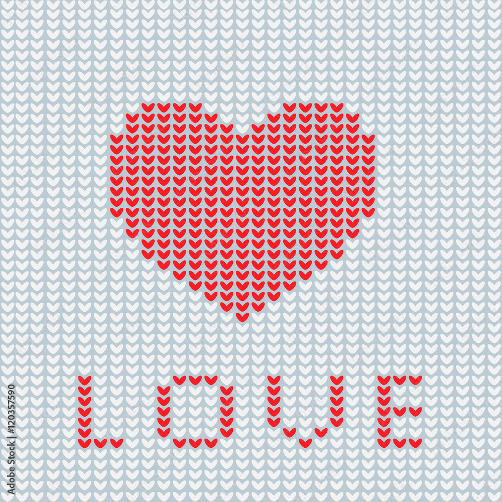 Knitting is love. Knitted heart symbol. Modern vector knitting pattern. Flat knitted heart for invitations, notes, messages, banners. Knitting design element for sites. Knitted heart.