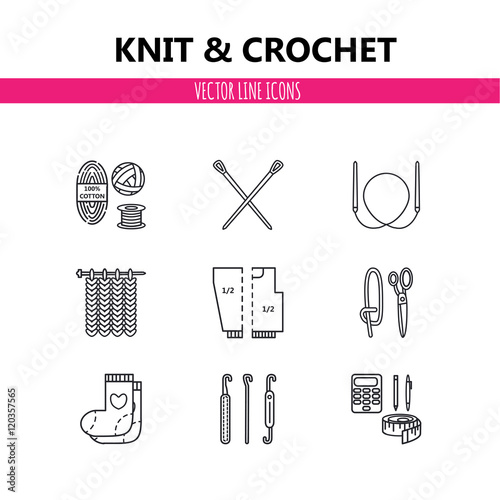 Modern vector line icons set of knitting and crochet elements - yarn, knitting needle, knitting hook, pin and others. Outline symbol collection.