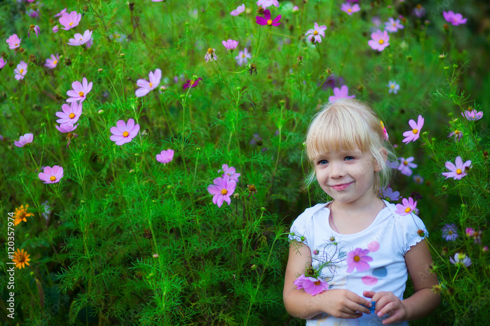 beautiful girl with flowers Cosmos outdoor