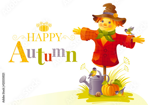 Autumn scarecrow vector illustration on white background with gardening elements - beautiful fall pumpkin vegetable, watering can, tit birds, snail. Seasonal natural concept template, text lettering