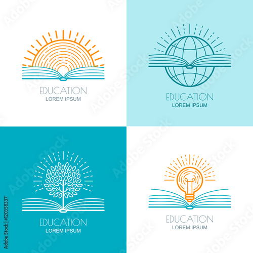 Set of vector education logo, icons, emblems design elements. Open book, sun, globe, tree and and light bulb linear symbol. Online training, courses, learning concept.