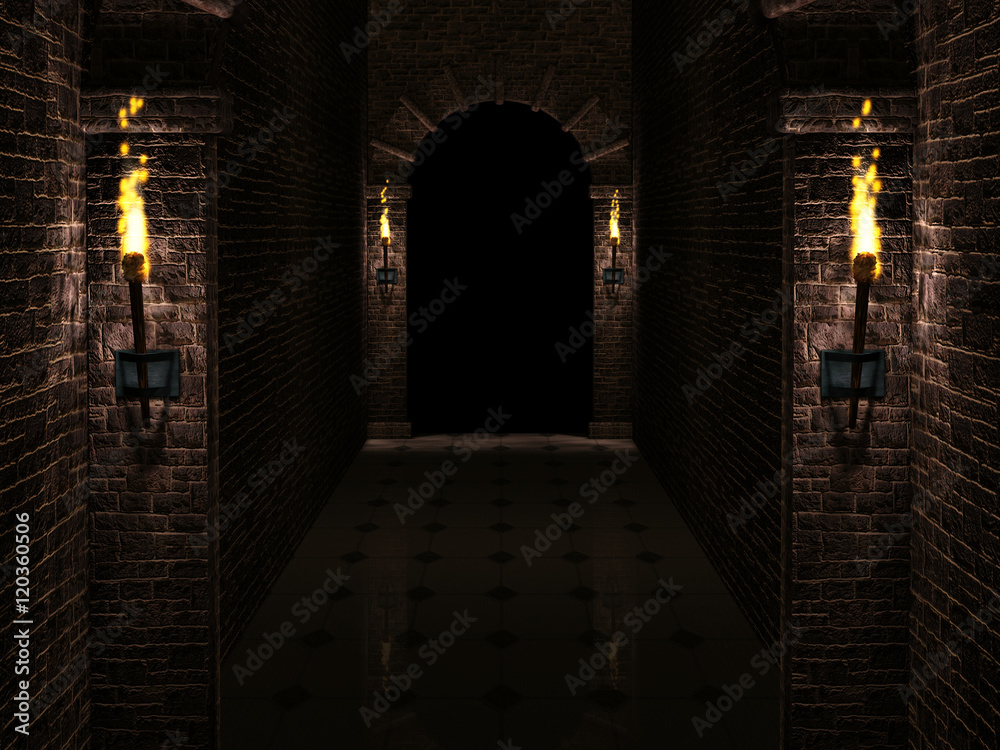 Dark castle corridor 3d illustration