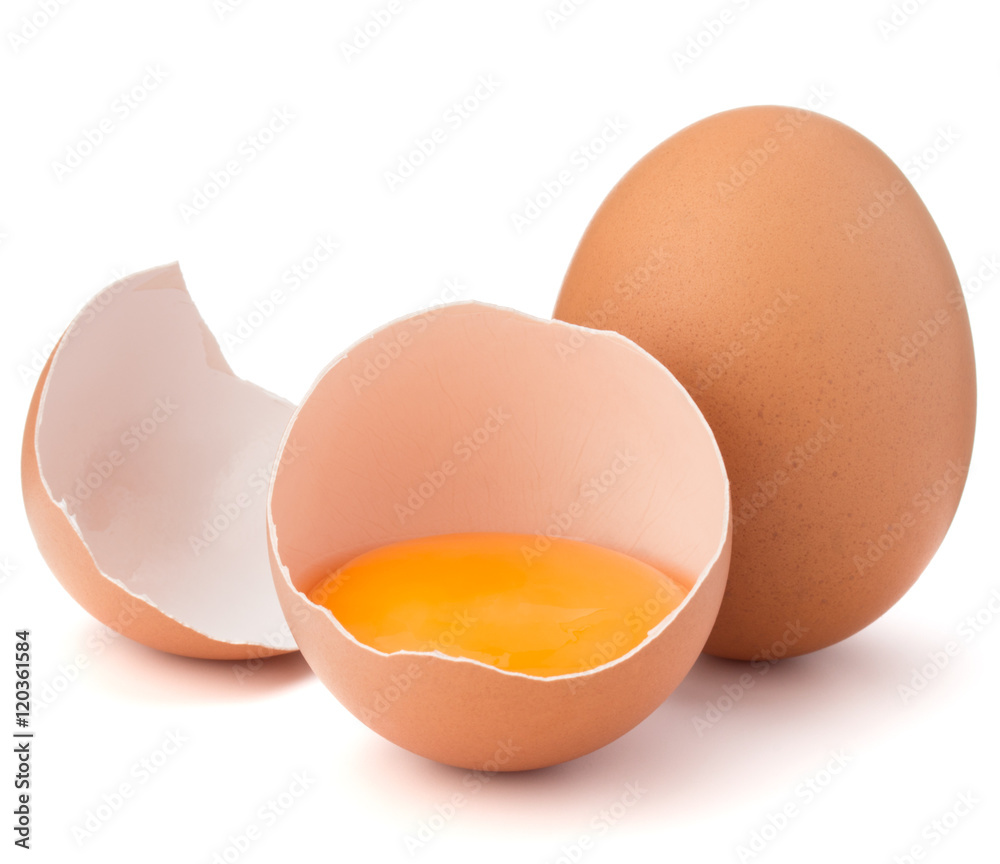 Broken egg in eggshell half and raw egg isolated on white backgr Broken egg in eggshell half and raw egg isolated on white backgr