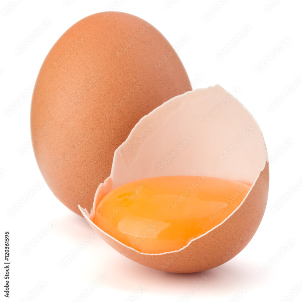 Broken egg in eggshell half and raw egg isolated on white backgr Broken egg in eggshell half and raw egg isolated on white backgr