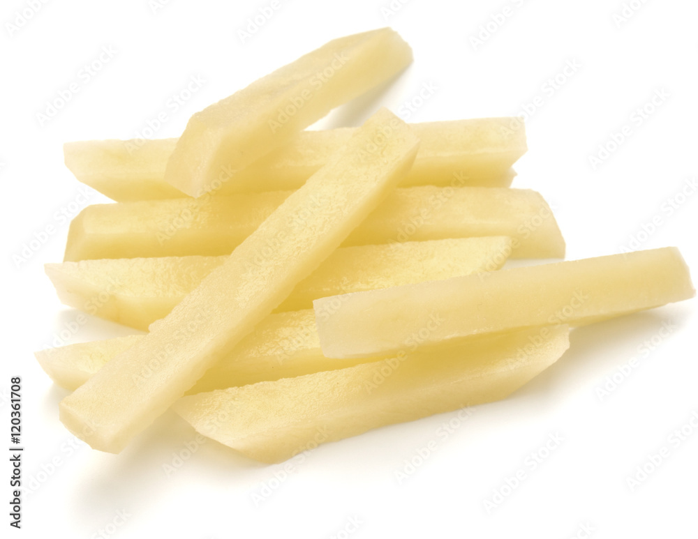 Raw Potato sliced strips prepared for French fries isolated on w Raw Potato sliced strips prepared for French fries isolated on w