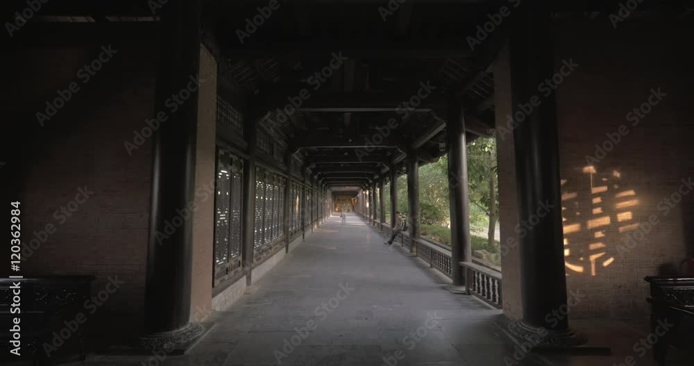 Perspective view of roof terrace with columns in Bai Dinh Temple, Vietnam