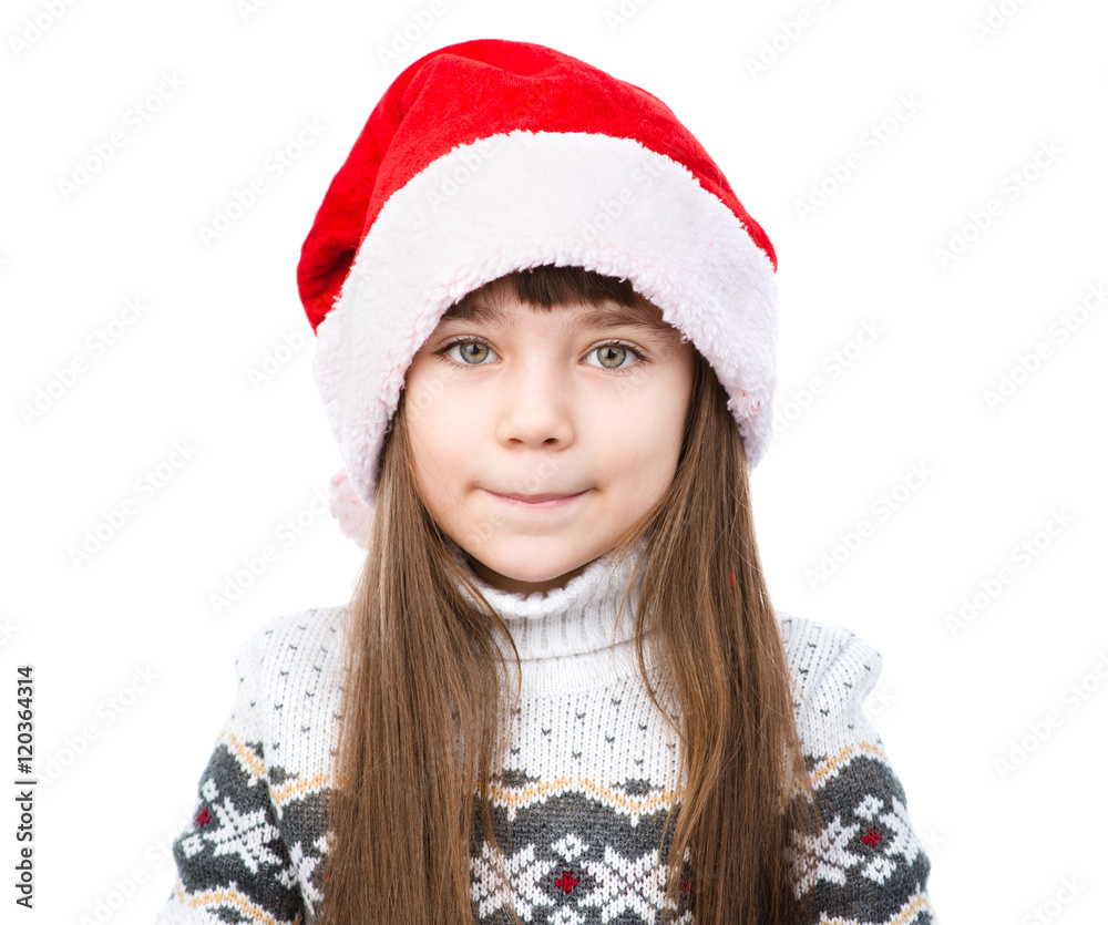 Portrait christmas girl in red santa hat. isolated on white back Portrait christmas girl in red santa hat. isolated on white back