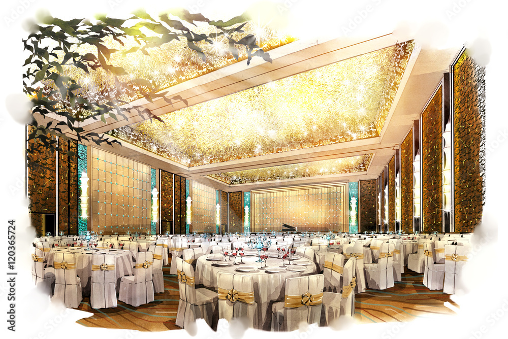 Fototapeta premium sketch perspective interior ballroom into a watercolor on paper.