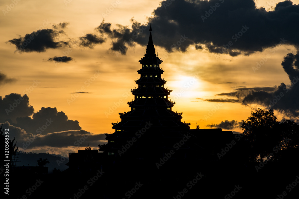 The silhouette of the pagoda of Wat Huay Pla Kung the Chinese temple in Chiangrai province of Thailand.