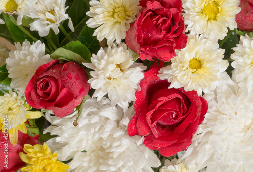 Bunch of vivid flowers  Selective focus red roses.  