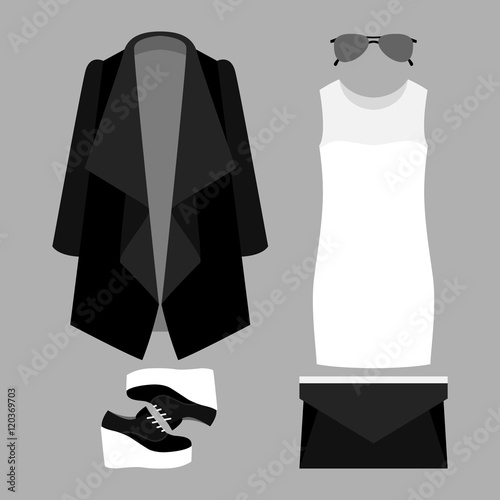 Set of trendy women's clothes with coat, dress and accessories